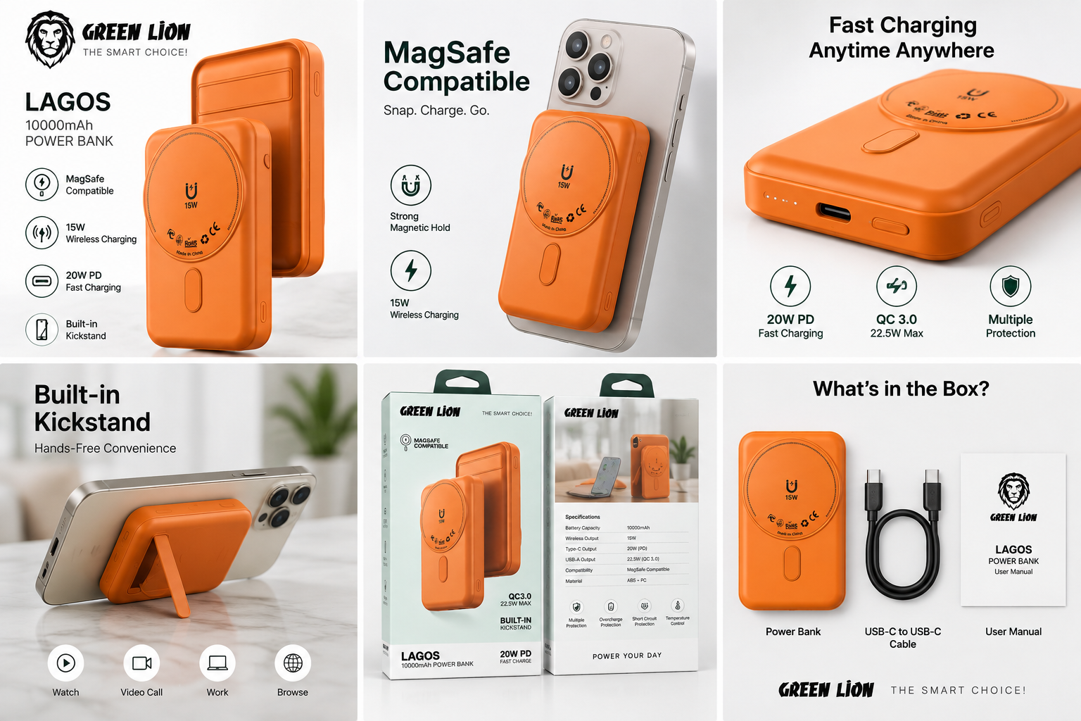 Green Lion Lagos 10000mAh MagSafe Power Bank – Orange