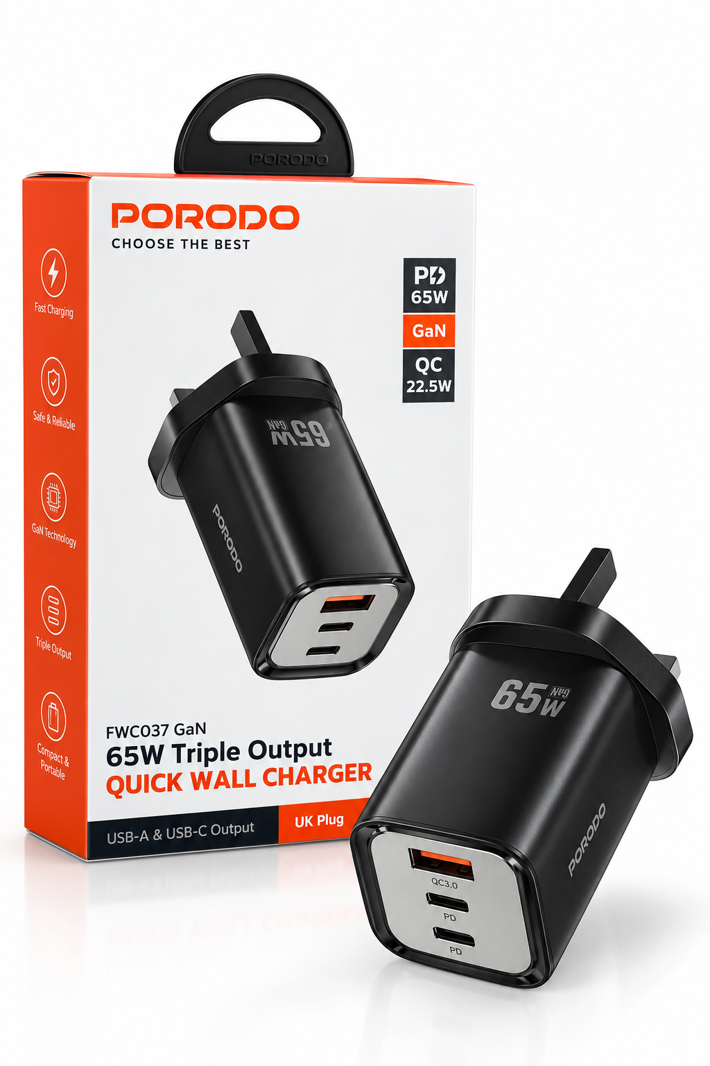 65W GaN Triple Output Quick Wall Charger – UK Plug
