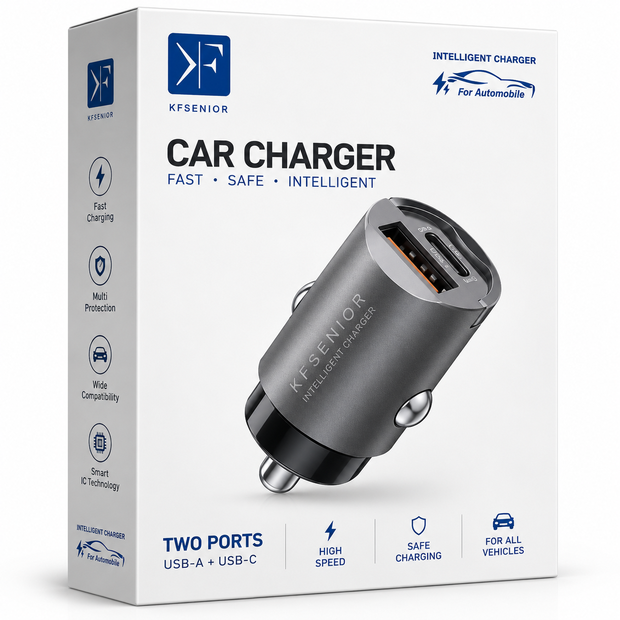 KFSENIOR Dual Port Intelligent Car Charger – USB-A + USB-C