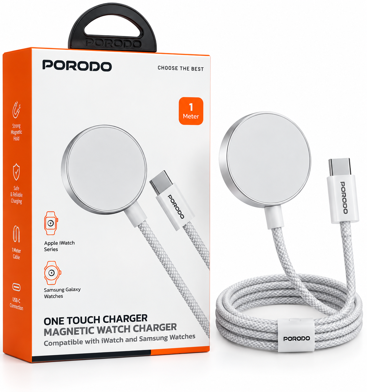 One Touch Magnetic Watch Charger provides easy and convenient magnetic charging for compatible Apple Watch Series and Samsung Galaxy Watches. It features a 1-meter braided cable, USB-C connection, and a strong magnetic hold for secure and reliable everyday charging. Compact, durable, and ideal for home, office, or travel.